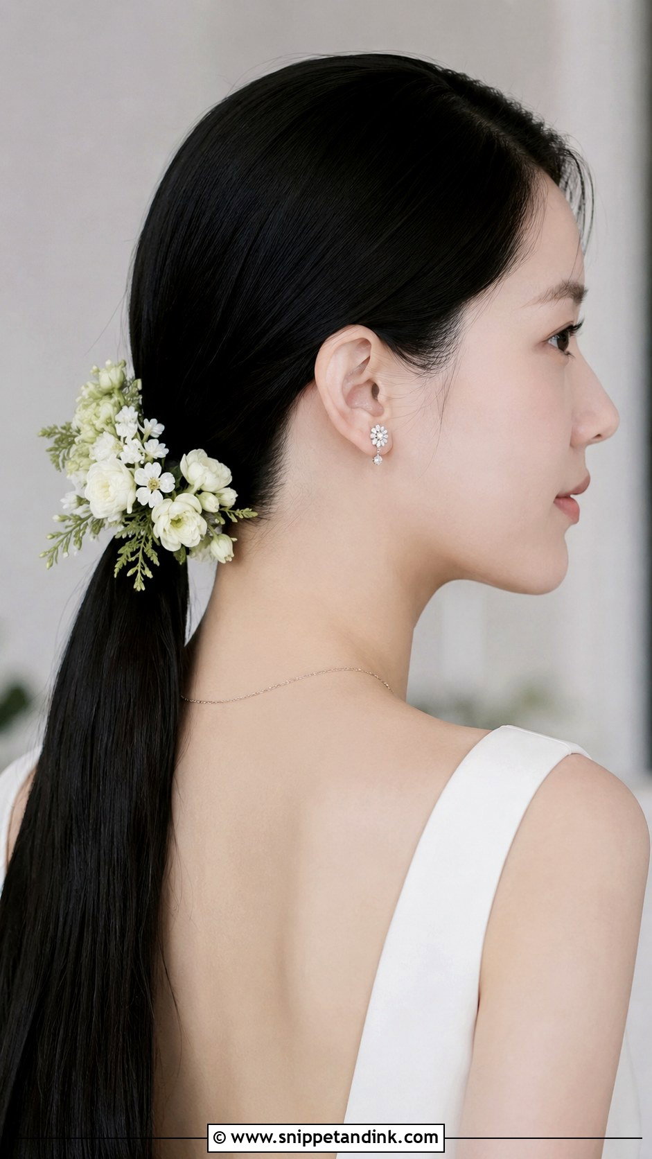 Low Ponytail With Floral Accent - Snippet and Ink - 25 Wedding Hairstyles with Flowers