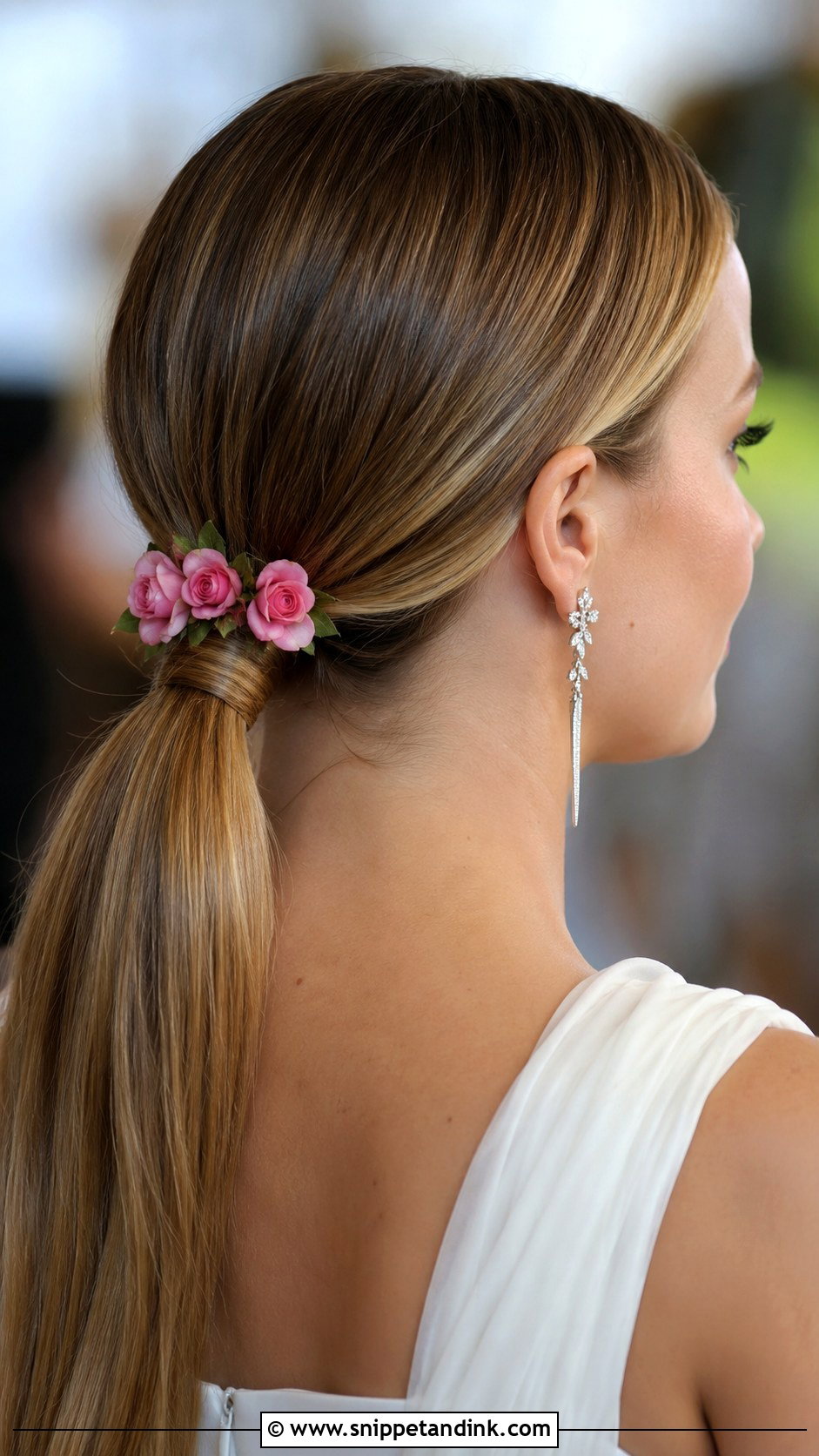 Low Ponytail With Floral Accent - Snippet and Ink - 25 Bridal Hair with Flowers