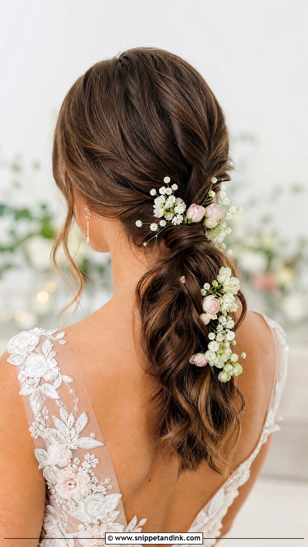 Low Ponytail With Floral Accents for Brides - Snippet and Ink - 20 Wedding Low Ponytail Hairstyles