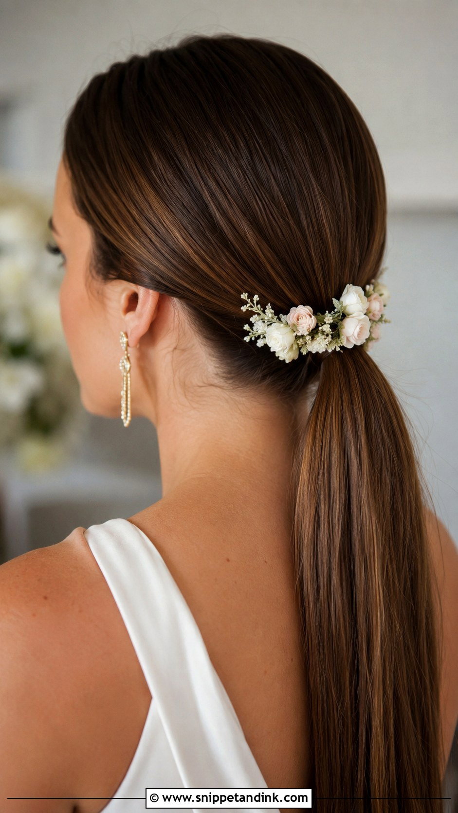 Low Ponytail With Floral Wrap - Snippet and Ink - 20 Bride Hair Flowers