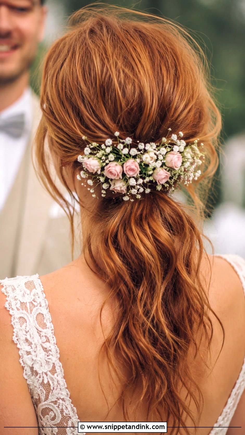 Low Ponytail With Flowers - Snippet and Ink - 20 Low Pony Wedding Hairstyles