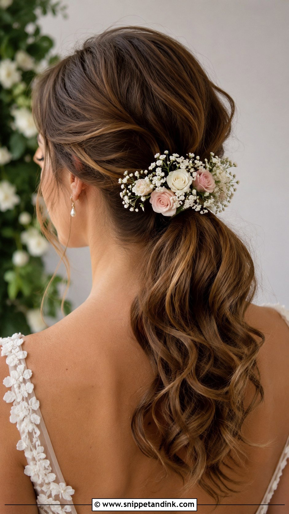 Low Ponytail With Fresh Flowers - Snippet and Ink - 25 Low Ponytail Wedding Hair Ideas
