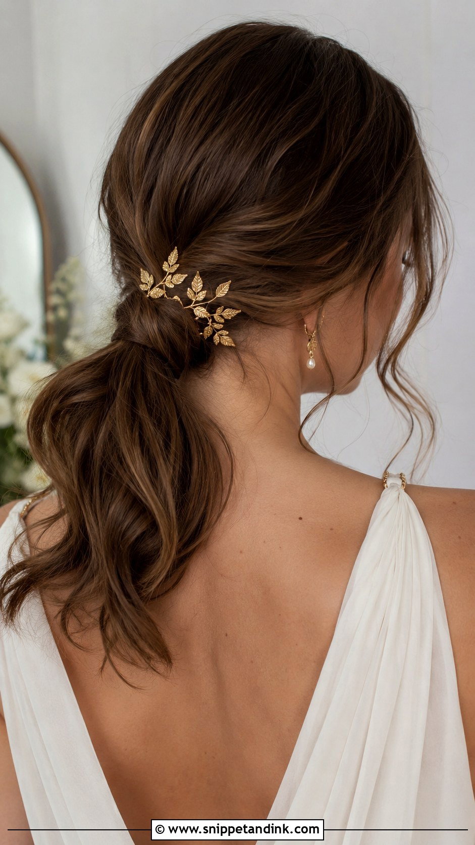 Low Ponytail With Gold Accessories - Snippet and Ink - 20 Bridal Low Ponytail Ideas