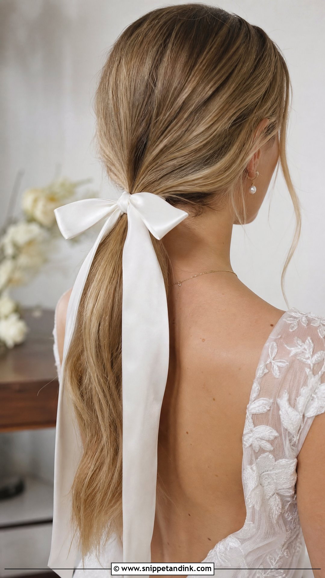 Low Ponytail With Hair Bow for Brides - Snippet and Ink - 20 Wedding Low Ponytail Hairstyles