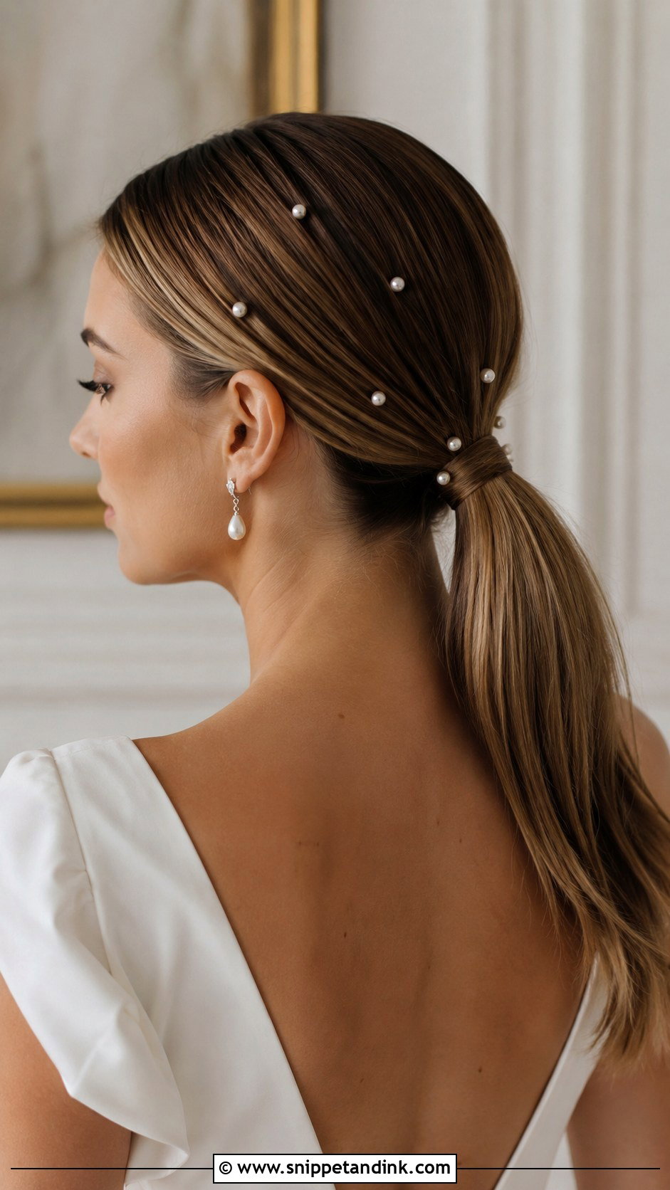 Low Ponytail With Pearl Accessories - Snippet and Ink - 25 Low Ponytail Wedding Hair Ideas
