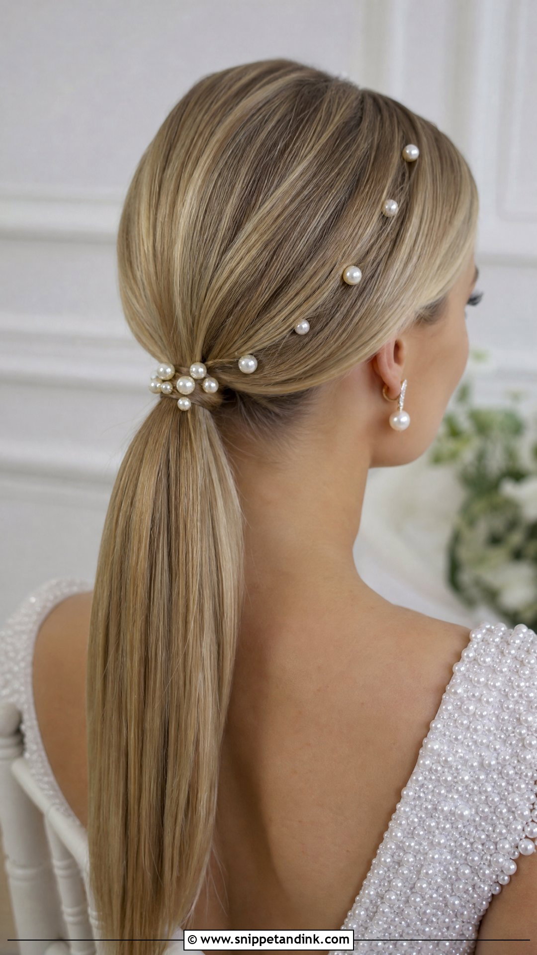 Low Ponytail With Pearl Accessories - Snippet and Ink - 20 Wedding Low Ponytail Hairstyles