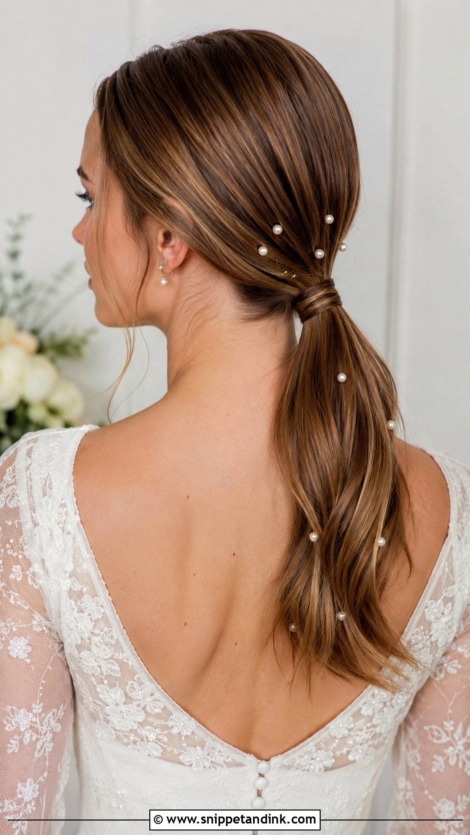 Low Ponytail With Pearl Pins - Snippet and Ink - 20 Ponytail Wedding Hairstyle Ideas