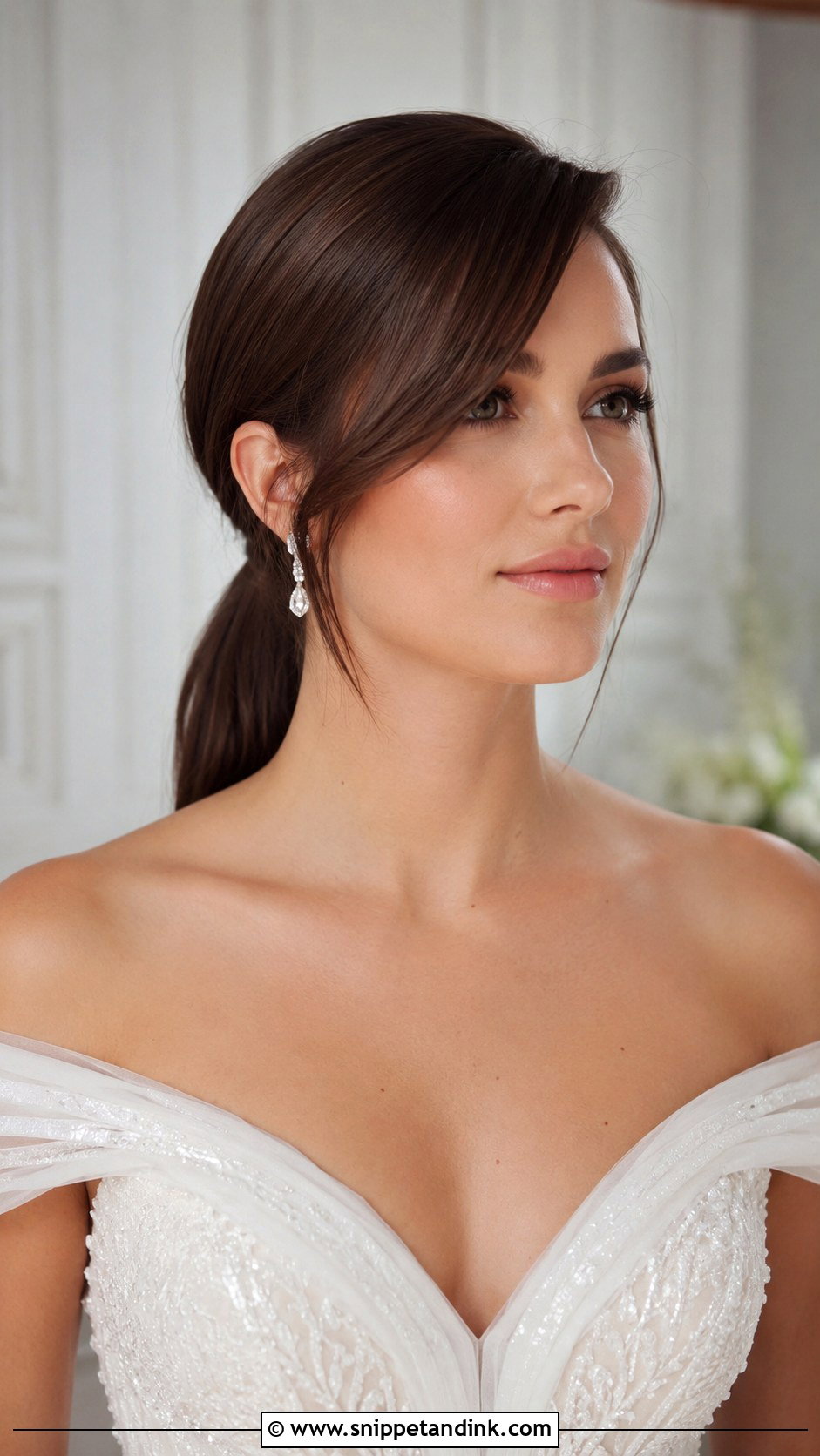 Low Ponytail With Side Bangs - Snippet and Ink - 25 Wedding Hairstyles with Bangs