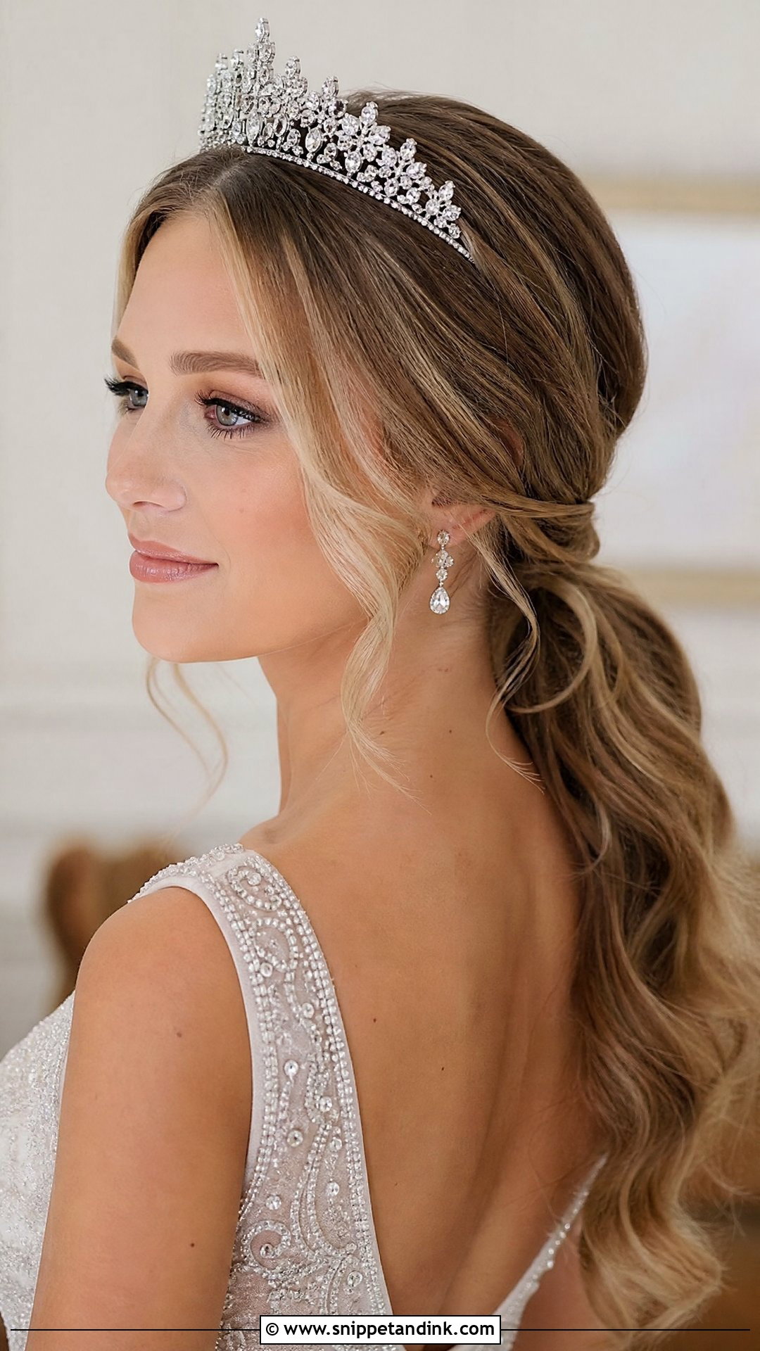 Low Ponytail With Tiara for Brides - Snippet and Ink - 20 Wedding Low Ponytail Hairstyles