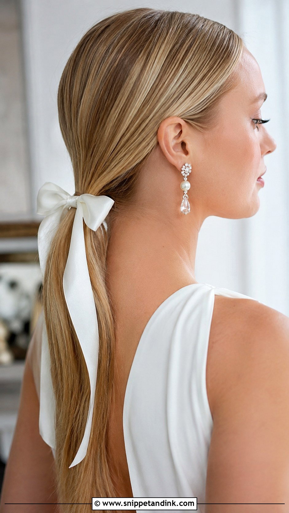 Low Ponytail with Ribbon Bow - Snippet and Ink - 20 Old Money Wedding Hairstyles