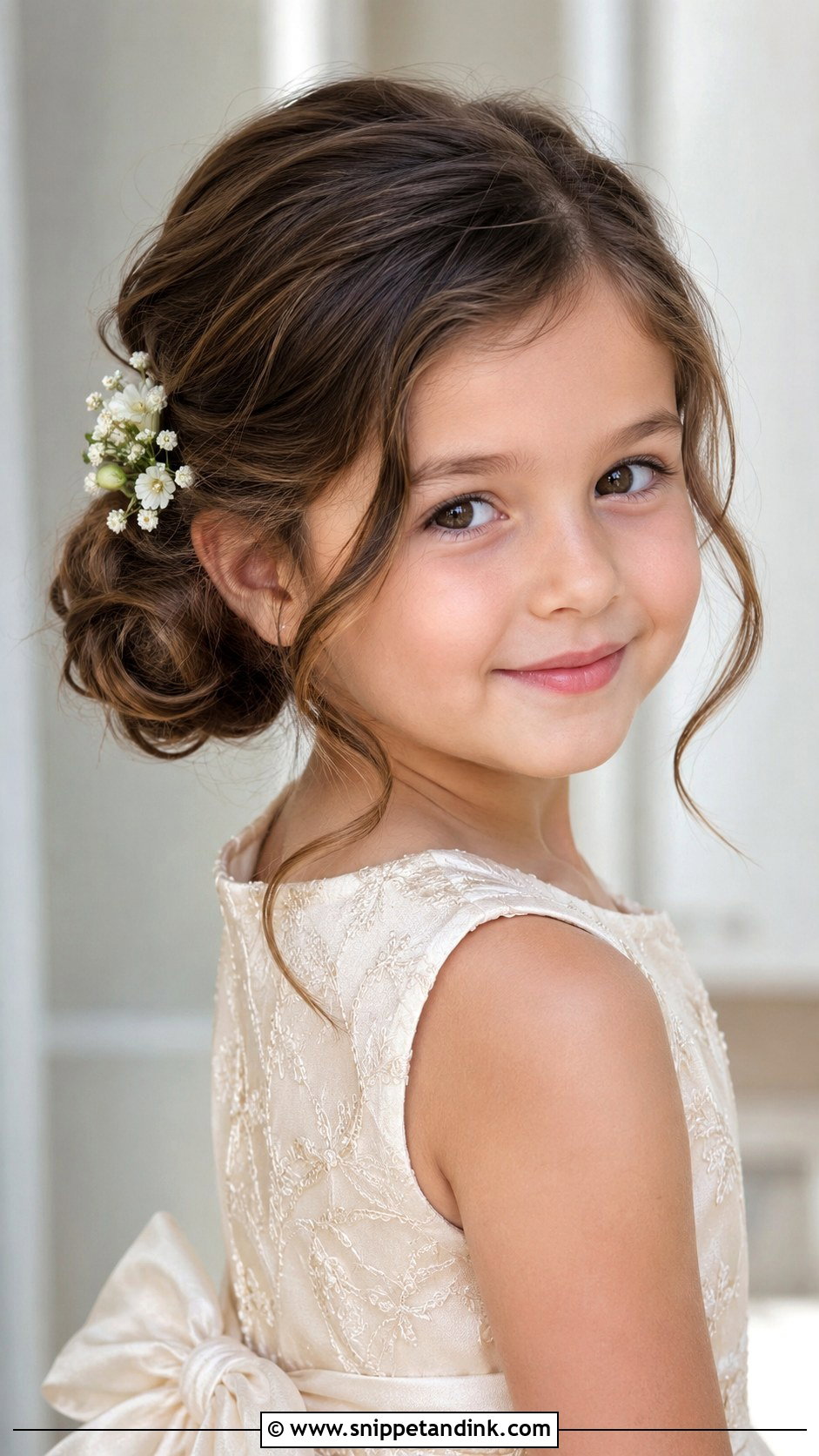 Low Side Bun Hairstyle - Snippet and Ink - 25 Kids Girls Wedding Hairstyles