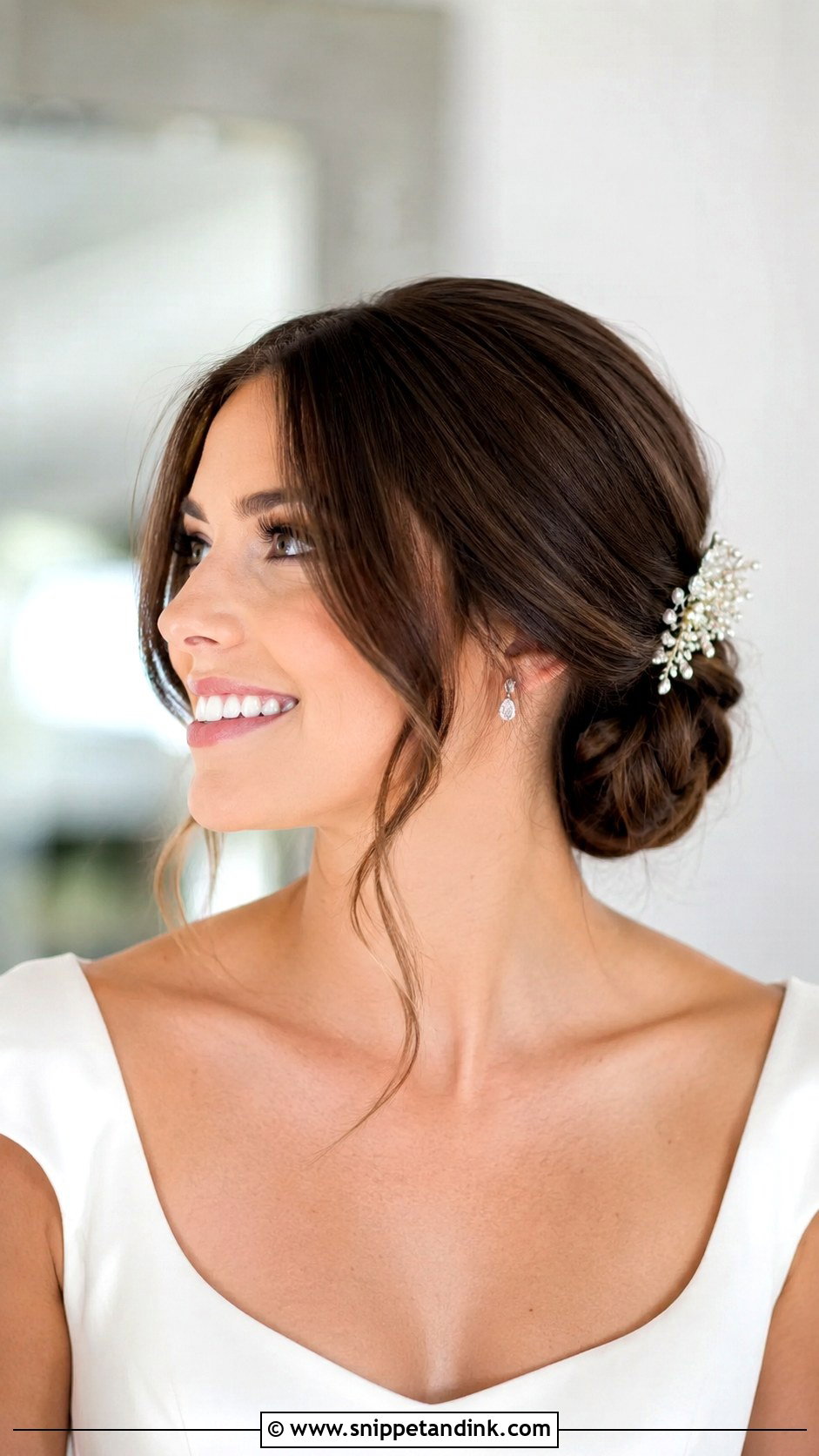 Low Side Bun With Curtain Bangs - Snippet and Ink - 20 Low Side Bun Wedding Hair Ideas