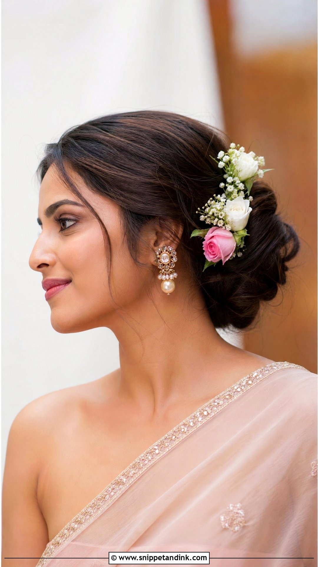 Low Side Bun With Flowers - Snippet and Ink - 20 Indian Hairstyles for Wedding Guest