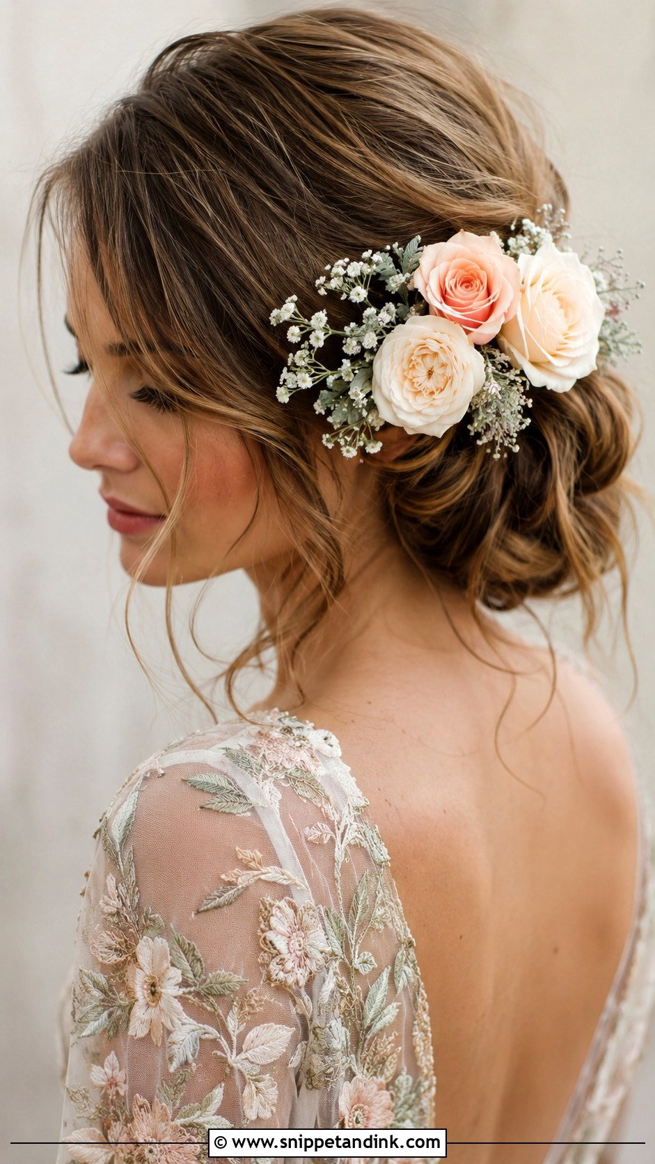 Low Side Bun With Flowers - Snippet and Ink - 20 Low Side Bun Wedding Hair Ideas