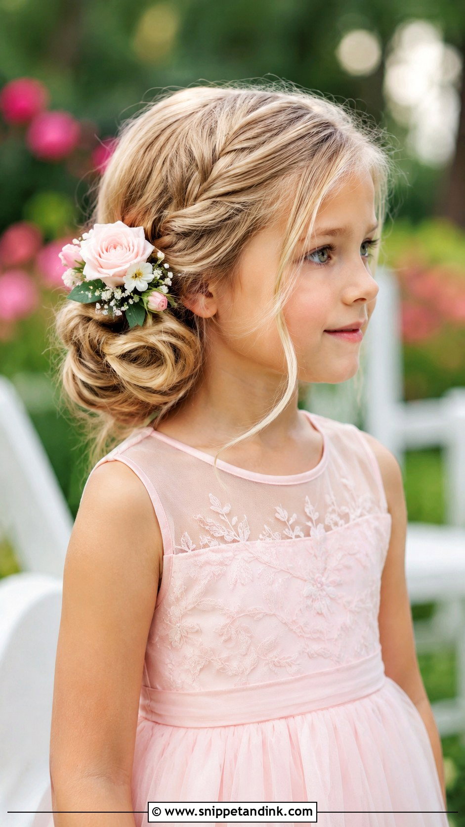 Low Side Bun With Flowers - Snippet and Ink - 25 Flowergirls Hairstyle Ideas
