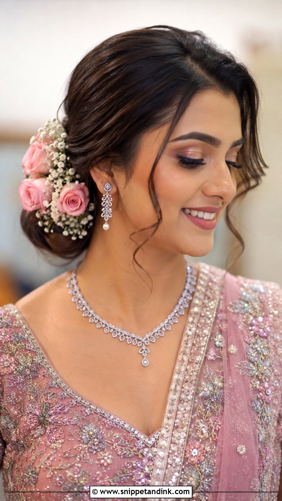 Low Side Bun With Flowers - Snippet and Ink - 30 Hairstyles for Engagement Bride