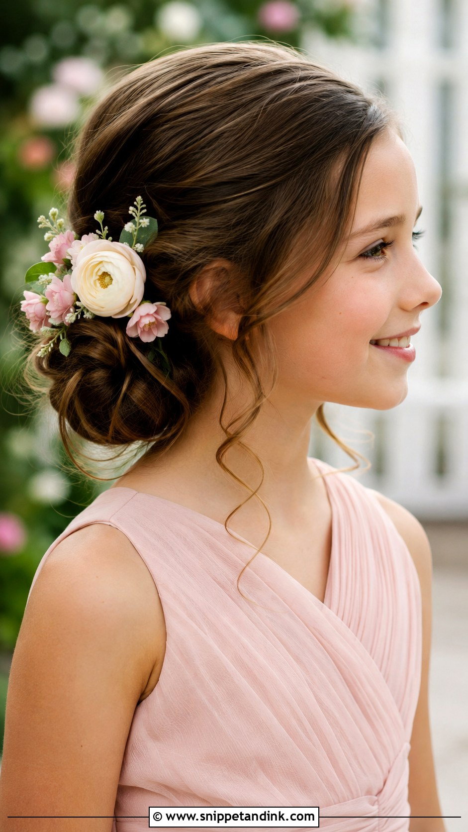 Low Side Bun With Flowers - Snippet and Ink - 30 Kids Wedding Hair Ideas