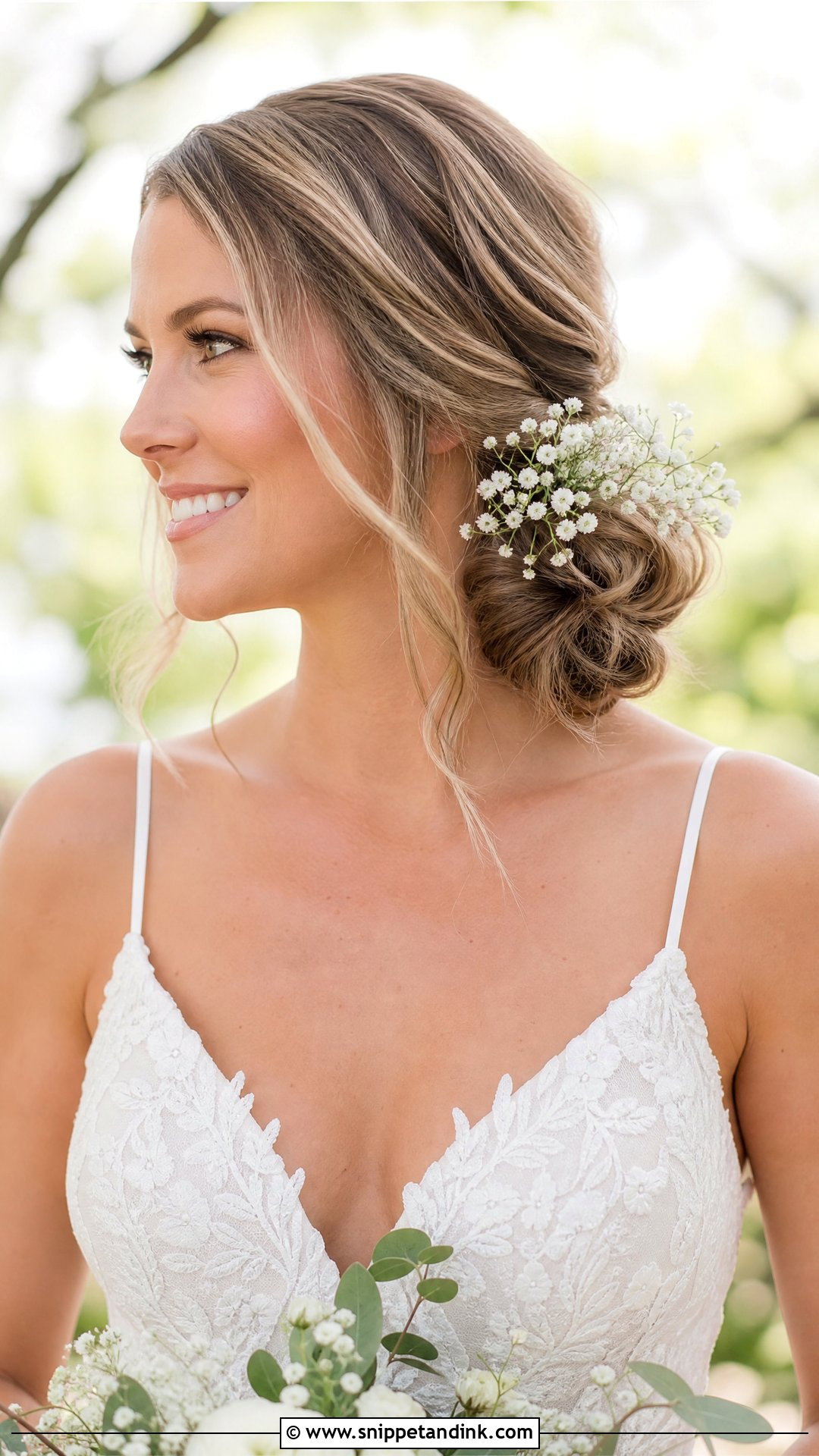 Low Side Bun With Fresh Flowers - Snippet and Ink - 25 Long Hair Bridal Hairstyles