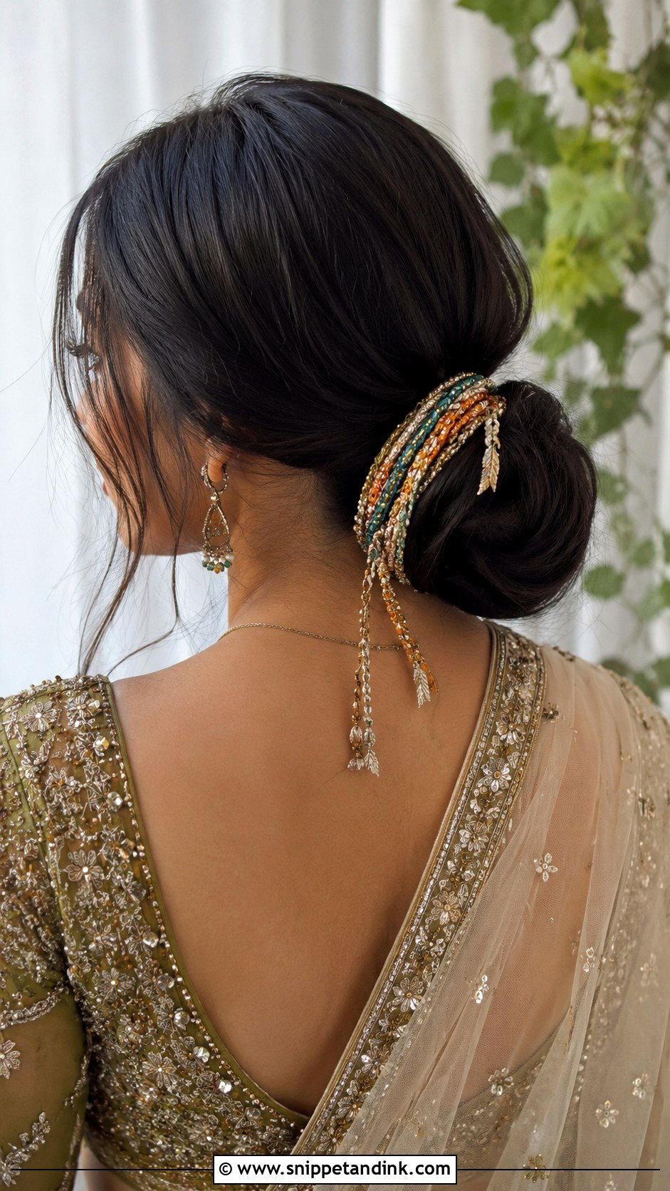 Low Side Bun With Gota Strings - Snippet and Ink - 25 Mehndi Hairstyles for Bride Sister