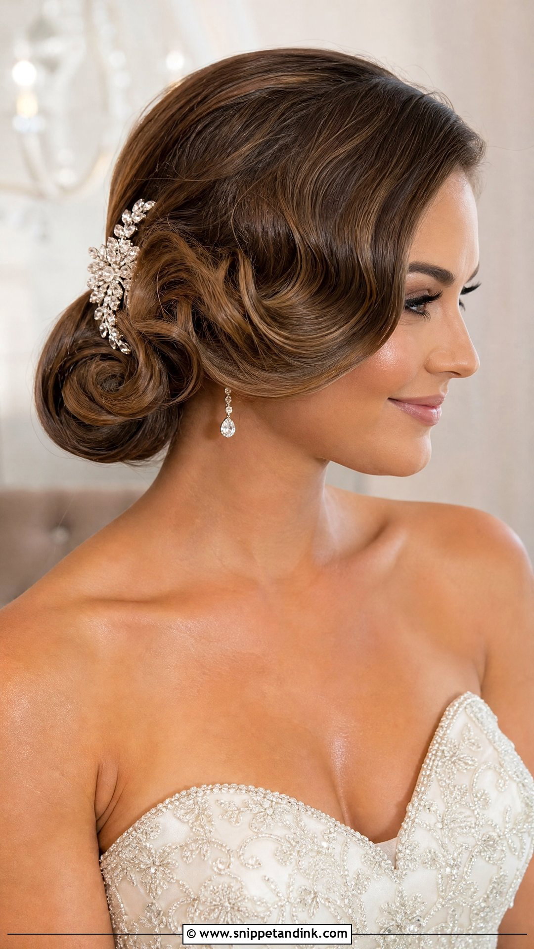Low Side Bun With Hollywood Curls - Snippet and Ink - 20 Hollywood Curls Wedding Hair