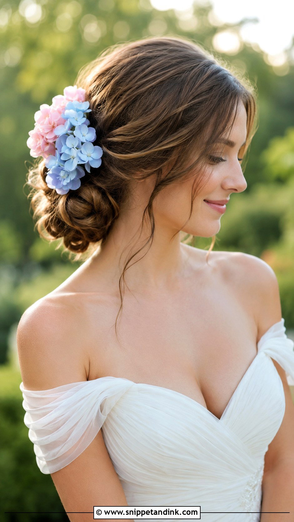Low Side Bun With Hydrangeas - Snippet and Ink - 25 Wedding Hair Flowers