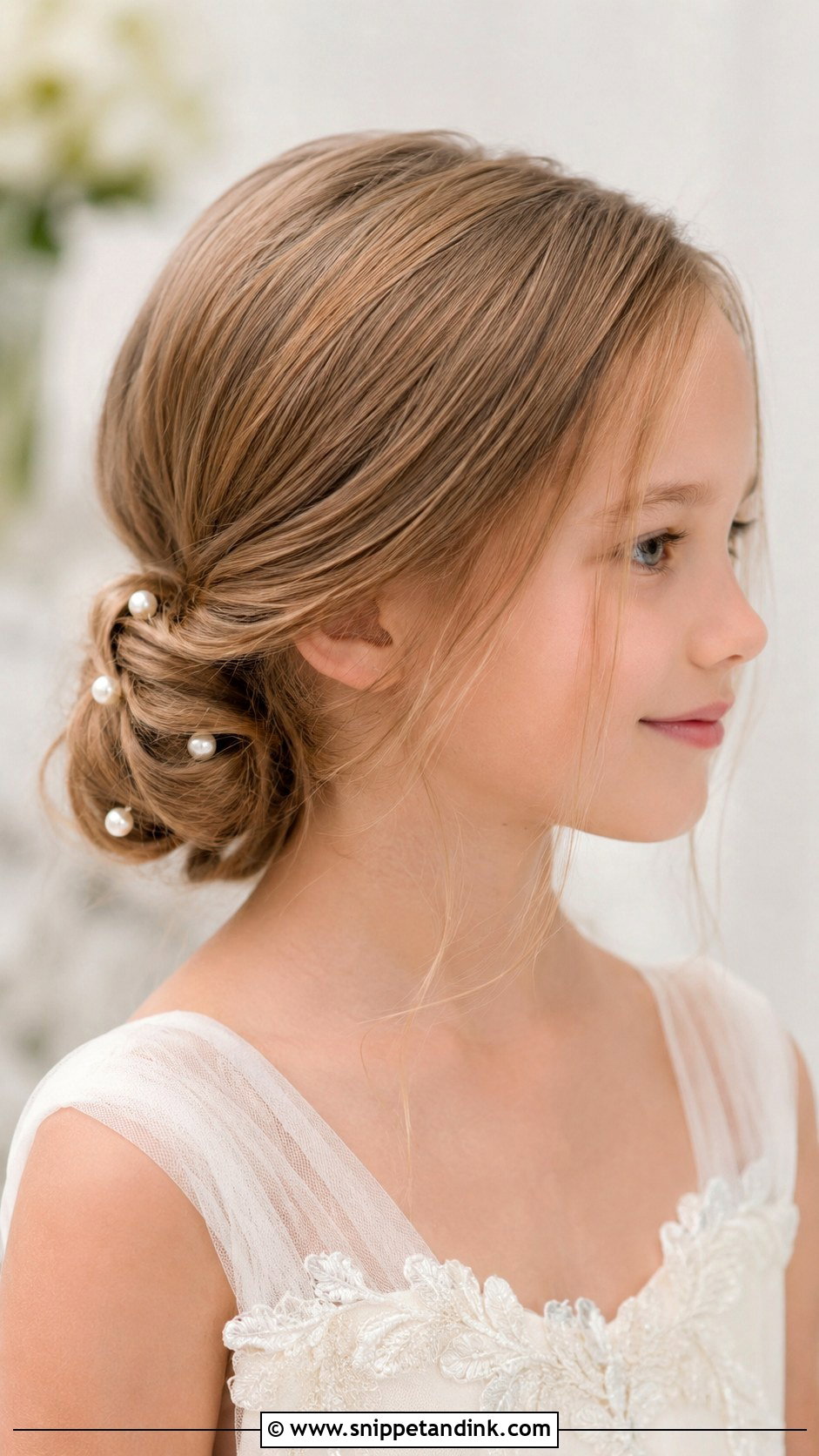 Low Side Bun With Pearls - Snippet and Ink - 25 Hairstyle for Girls Wedding Ideas