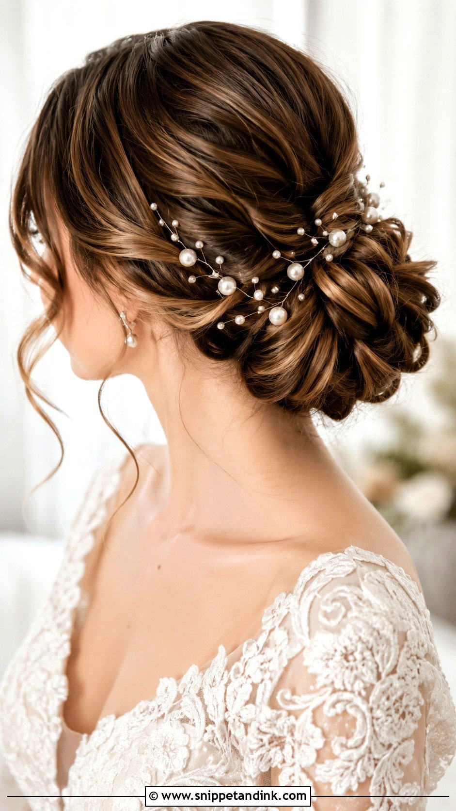 Low Side Bun With Pearls - Snippet and Ink - 20 Low Side Bun Wedding Hair Ideas