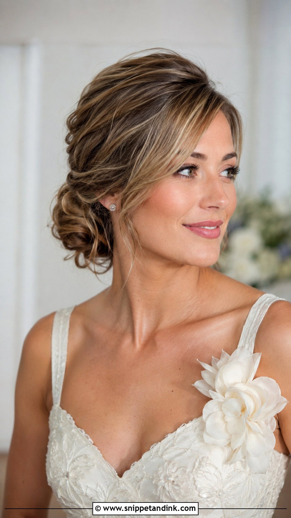 Low Side Bun With Soft Fringe - Snippet and Ink - 25 Bridal Hair for Round Face Ideas