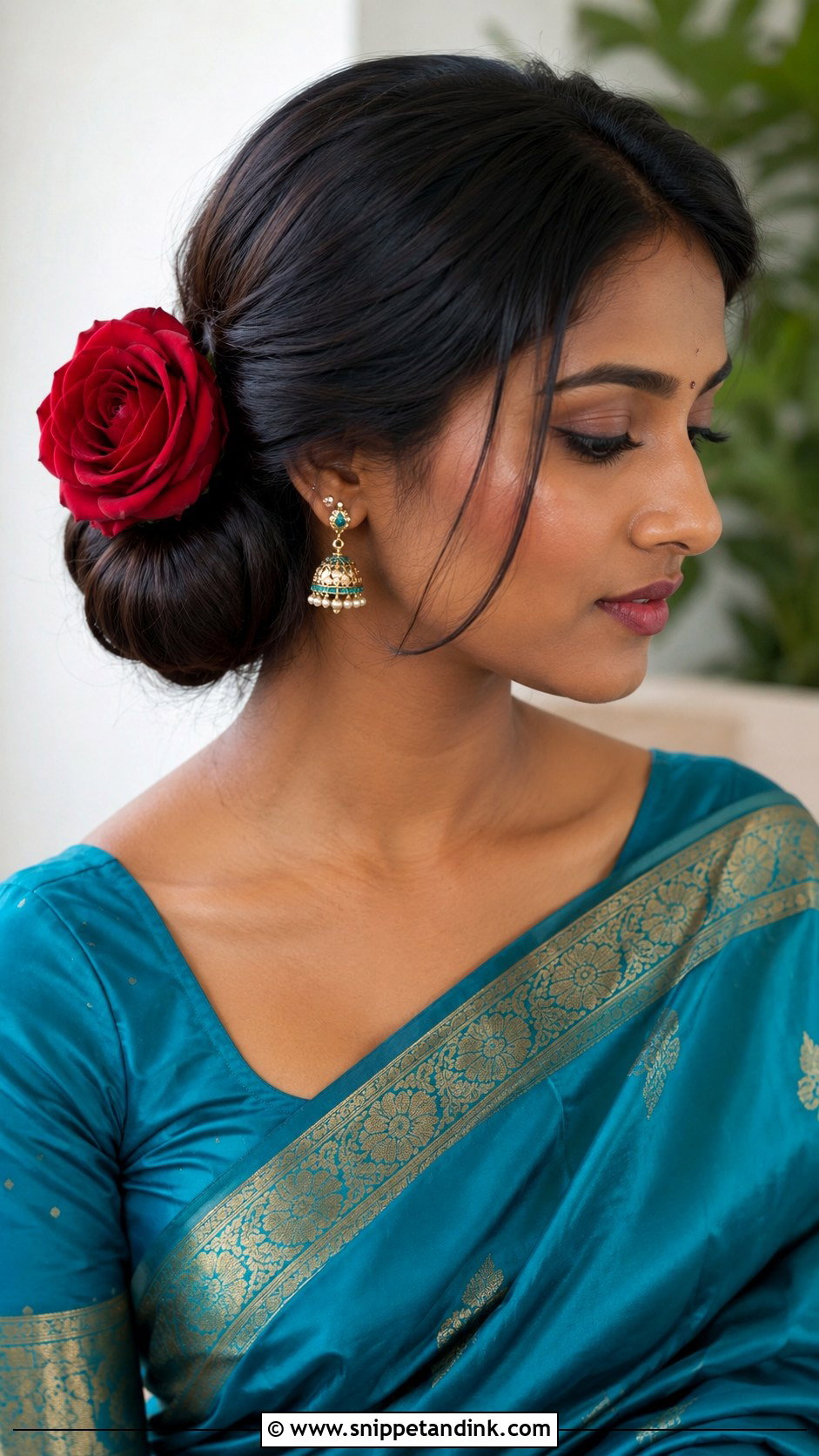 Low Side Bun With Statement Flower - Snippet and Ink - 25 Short Hairstyle Women Indian Wedding Ideas