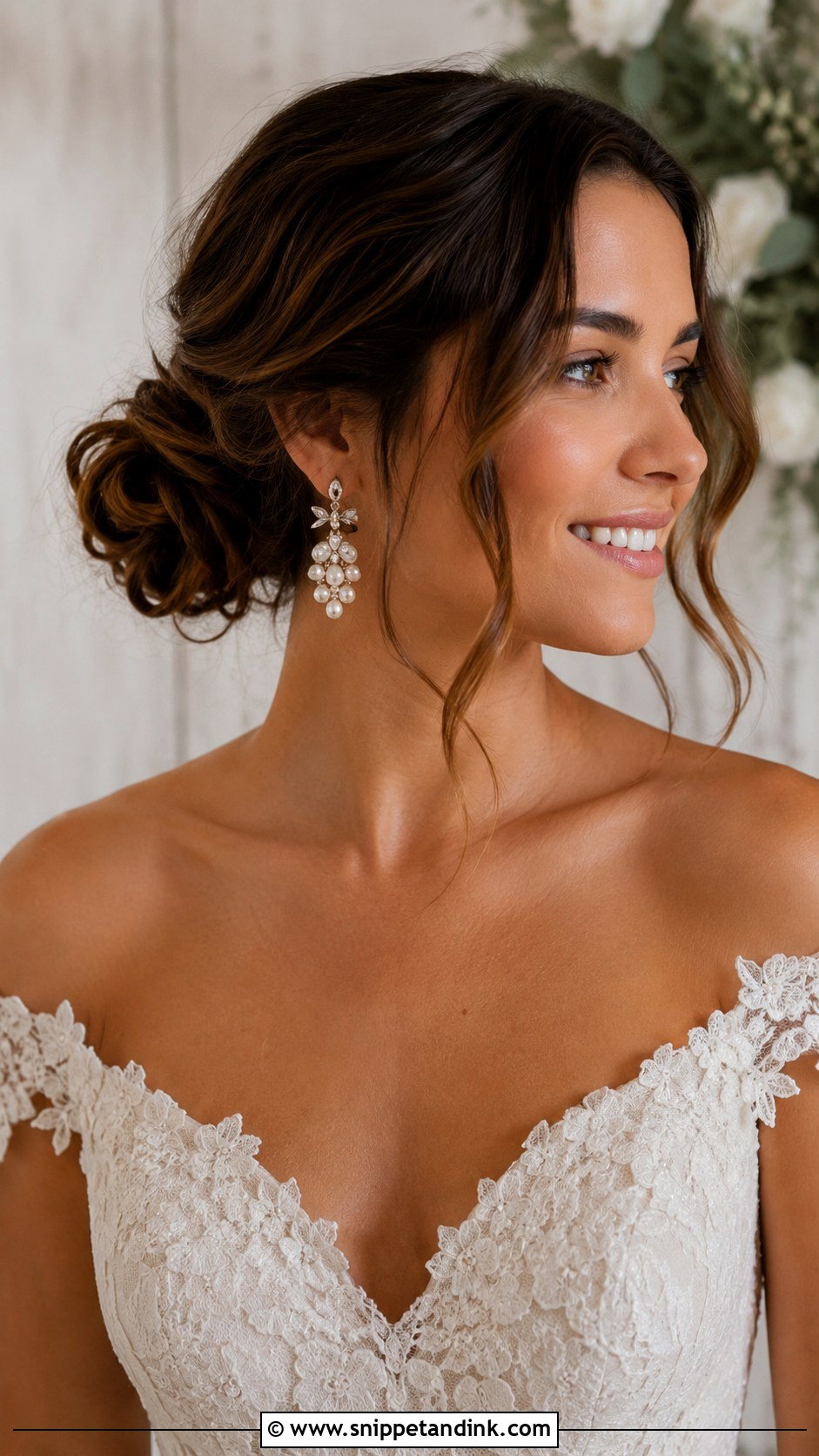 Low Side Bun With Wavy Texture - Snippet and Ink - 20 Round Face Bridal Hair Ideas