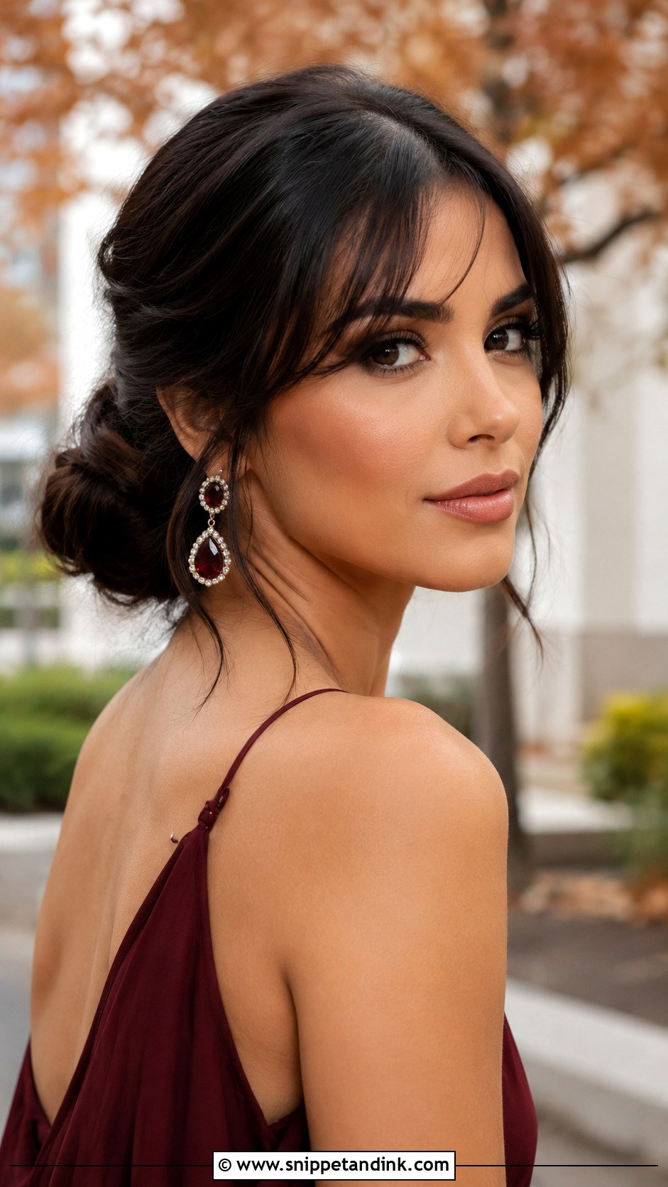 Low Side Bun with Wispy Fringe - Snippet and Ink - 25 Wedding Guest Hairstyles with Bangs