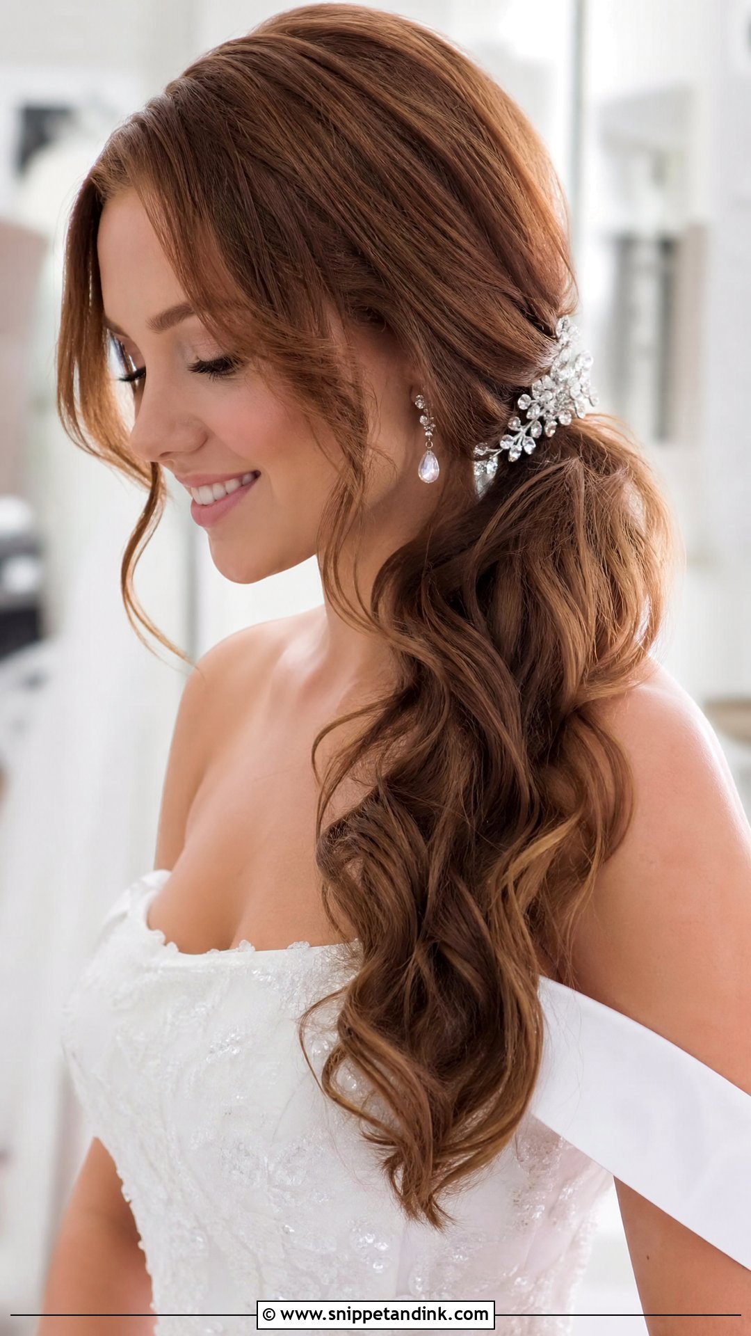 Low Side Ponytail for Round Face Bride - Snippet and Ink - 20 Round Face Bride Hairstyle Ideas