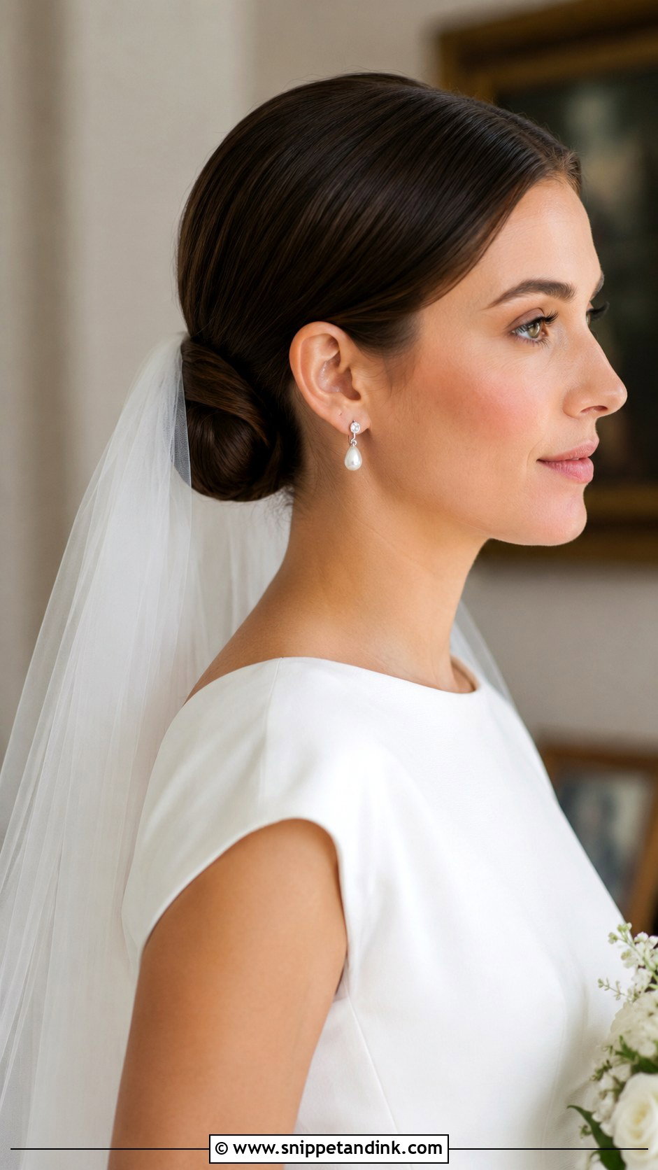 Low Sleek Bun With Veil Behind Ears - Snippet and Ink - 20 Hair Behind Ears Wedding Hairstyles