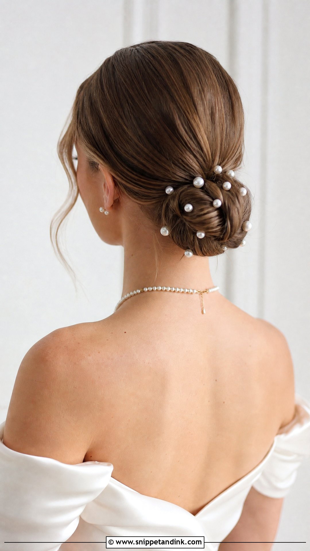 Low Slick Bun With Pearl Pins - Snippet and Ink - 20 Slick Bun Wedding Ideas