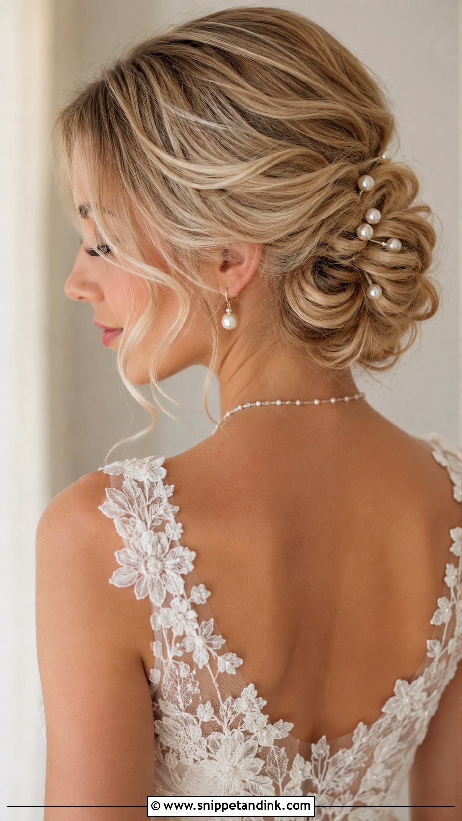 Low Textured Bun Wedding Hair With Pearl Pins - Snippet and Ink - 15 Low Textured Bun Wedding Hair Ideas