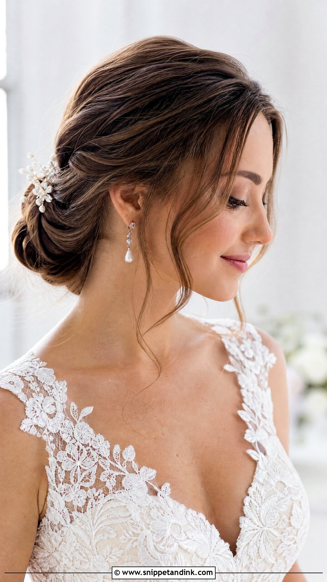 Low Textured Chignon for Round Face Bride - Snippet and Ink - 20 Round Face Bride Hairstyle Ideas