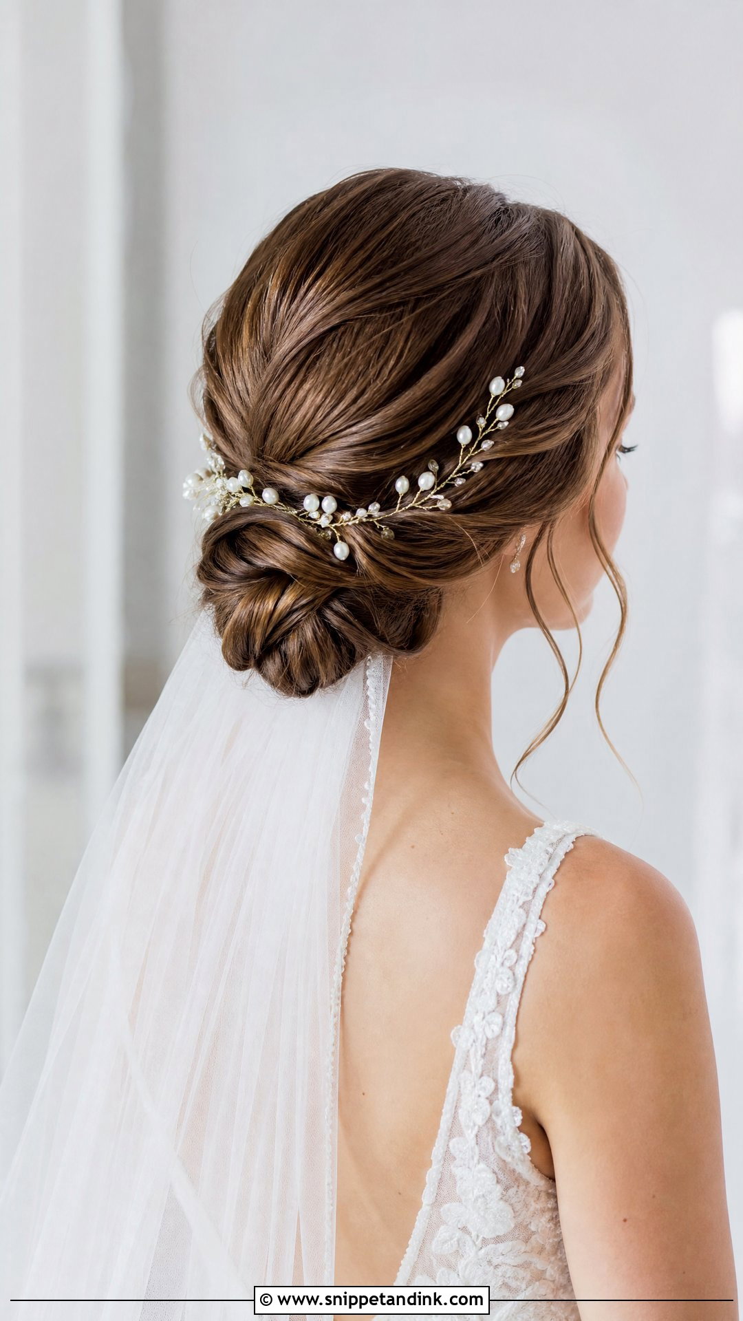 Low Twisted Bun With Pearl Vine - Snippet and Ink - 20 Pearl Wedding Hairstyles