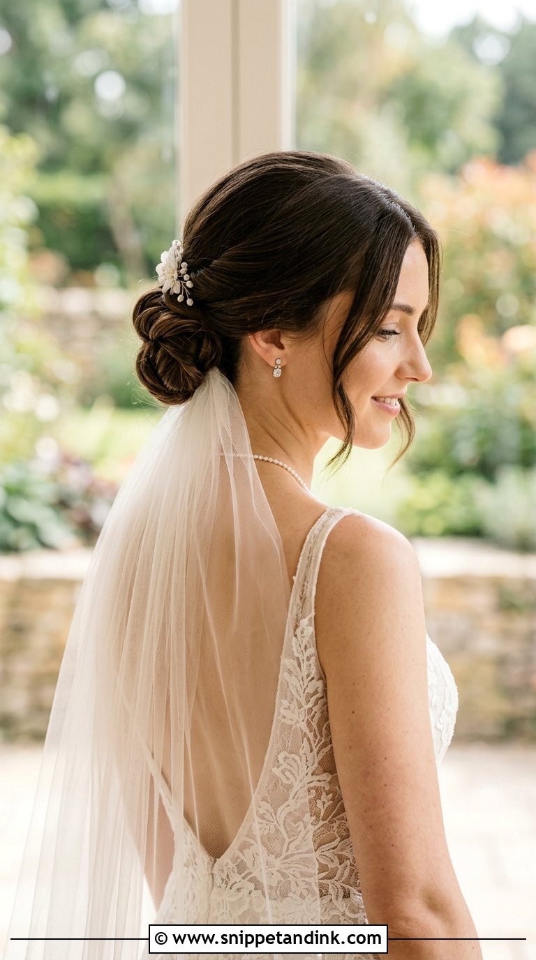 Low Twisted Chignon With Veil - Snippet and Ink - 20 Bride Hair Up Ideas