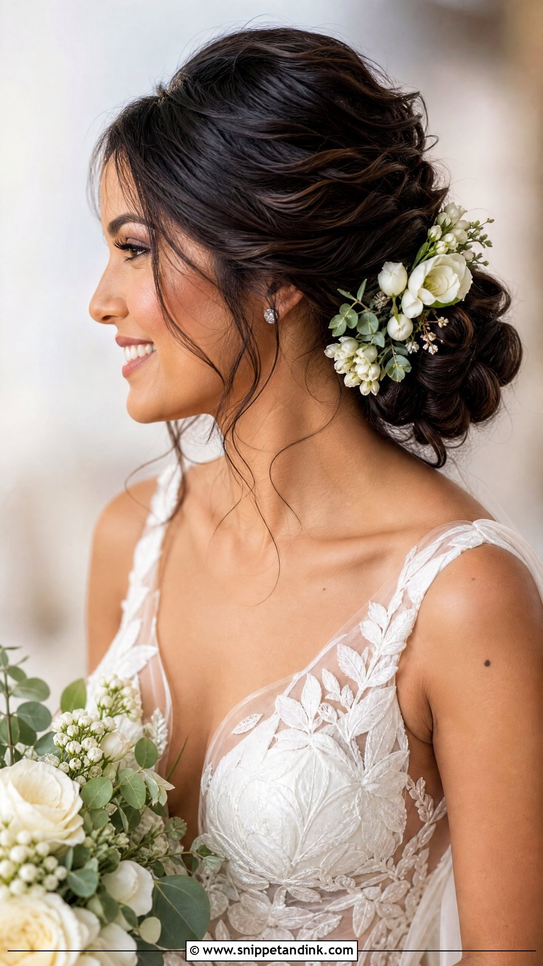 Low Twisted Updo With Tendrils for Dark Hair - Snippet and Ink - 20 Dark Hair Wedding Hairstyles Brides