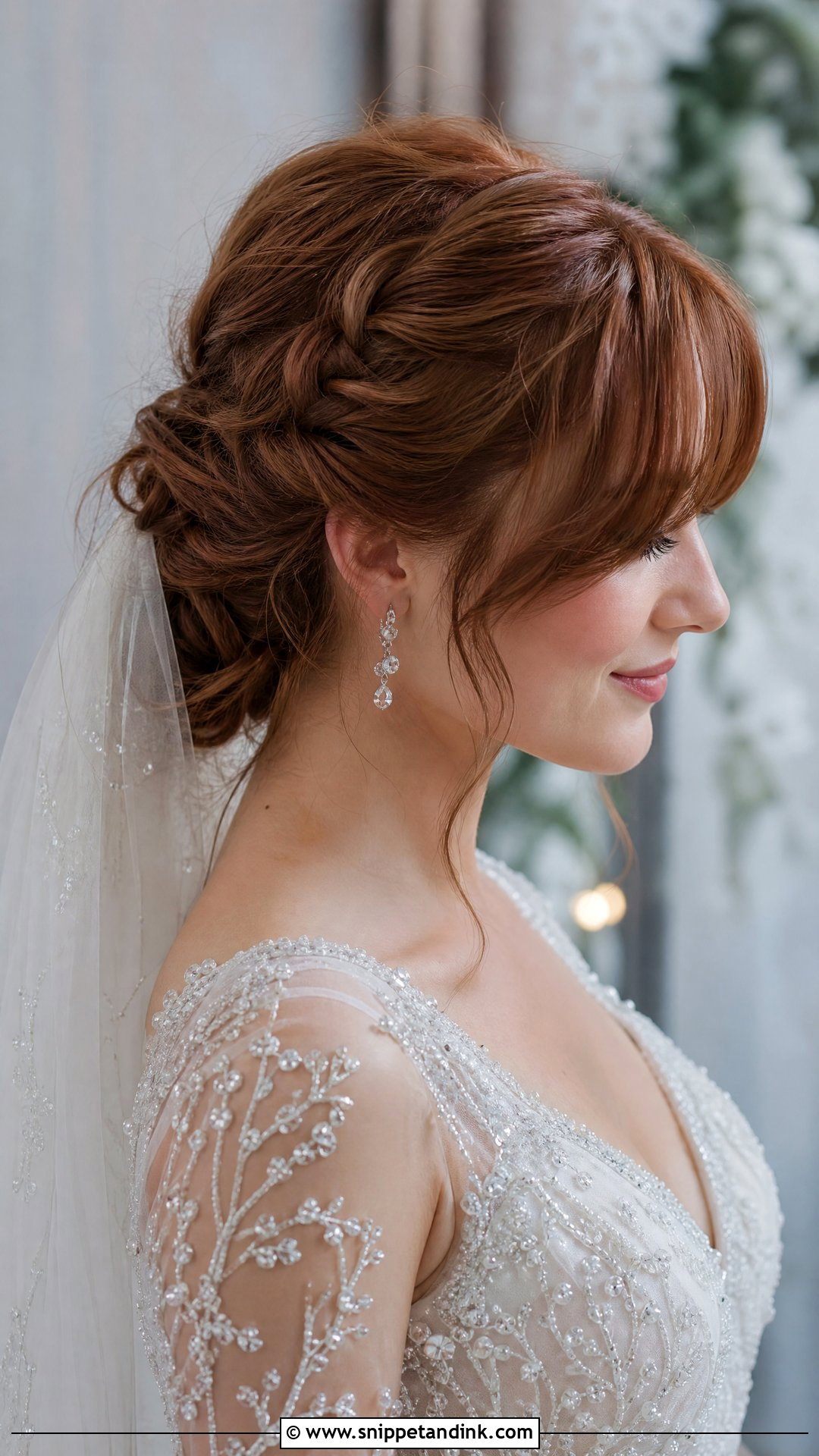 Low Twisted Updo with Curtain Bangs - Snippet and Ink - 20 Wedding Hairstyles with Curtain Bangs