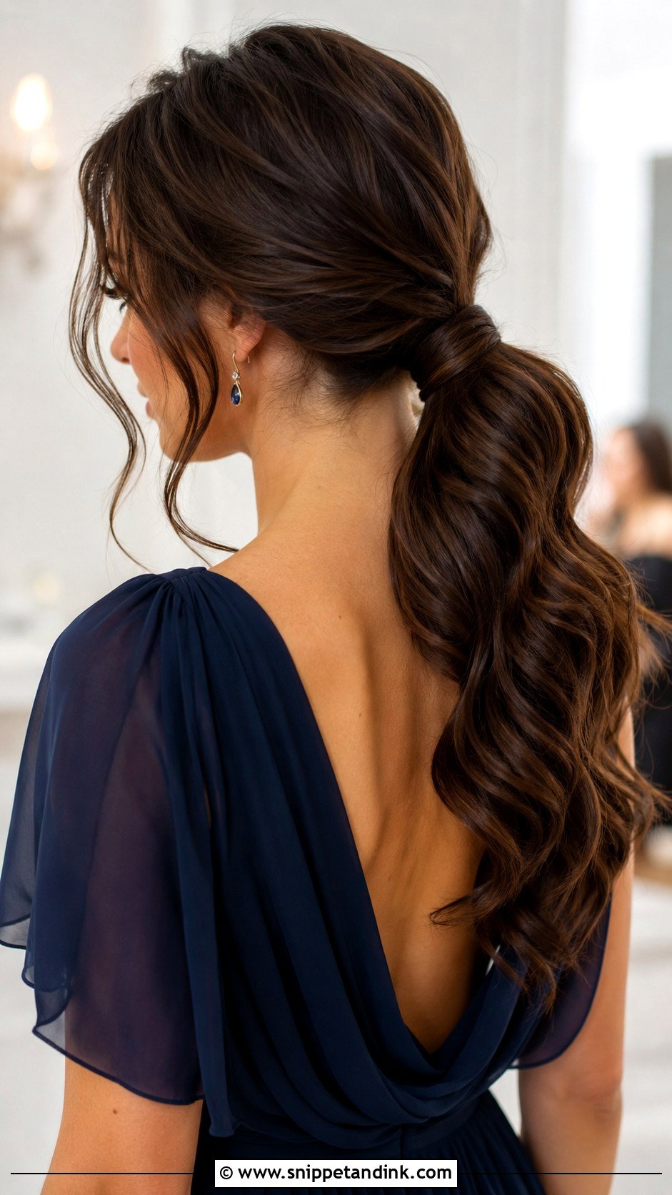 Low Wavy Ponytail Wedding Guest Hairstyle - Snippet and Ink - 15 Wavy Hair Wedding Guest Hairstyles
