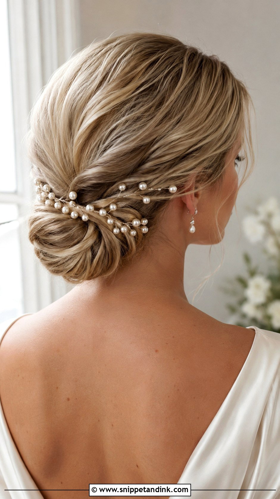 Low Wedding Bun With Pearls - Snippet and Ink - 15 Wedding Bun with Pearls Ideas