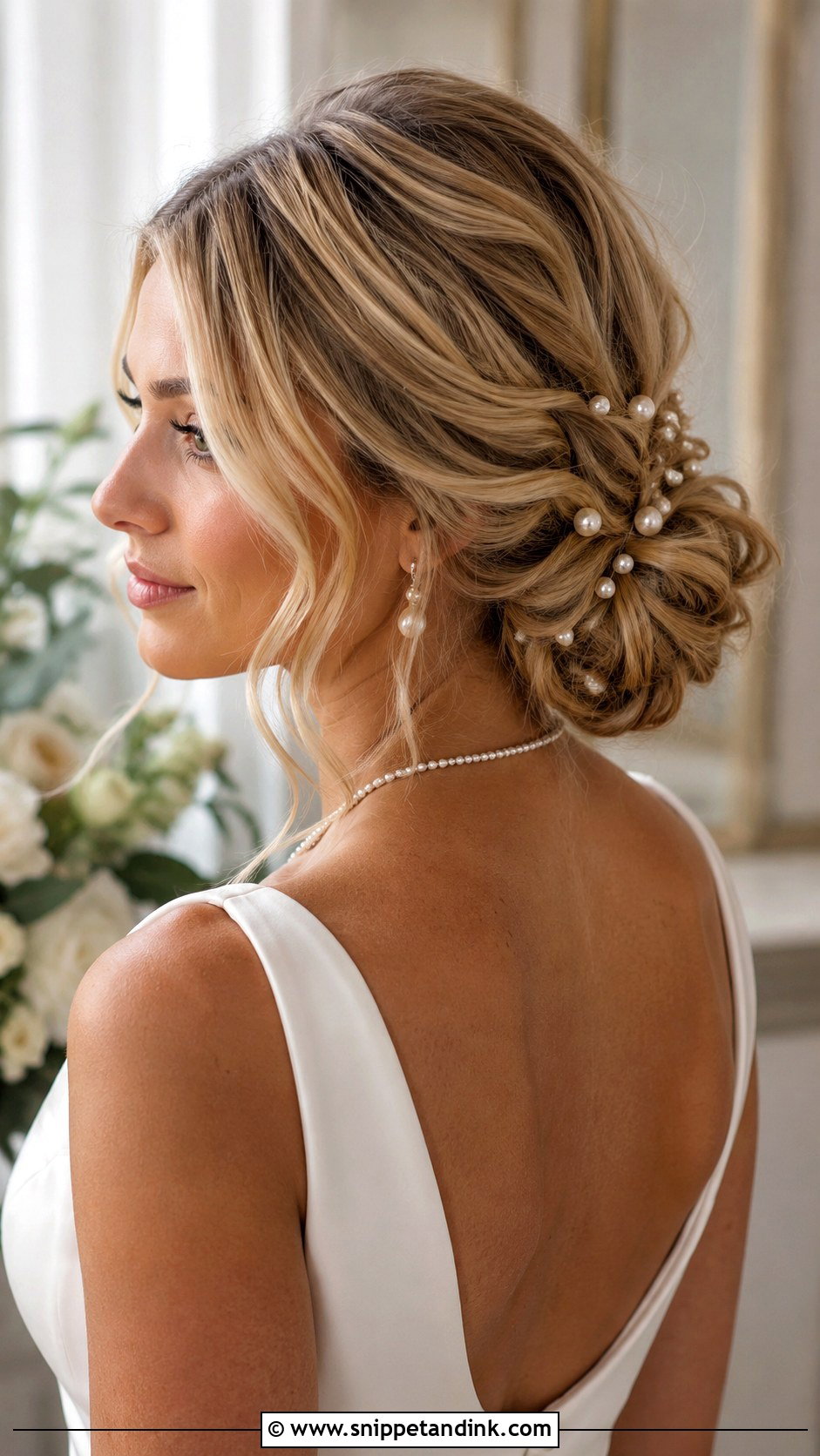 Low Wedding Bun With Pearls - Snippet and Ink - 15 Low Wedding Hairstyles