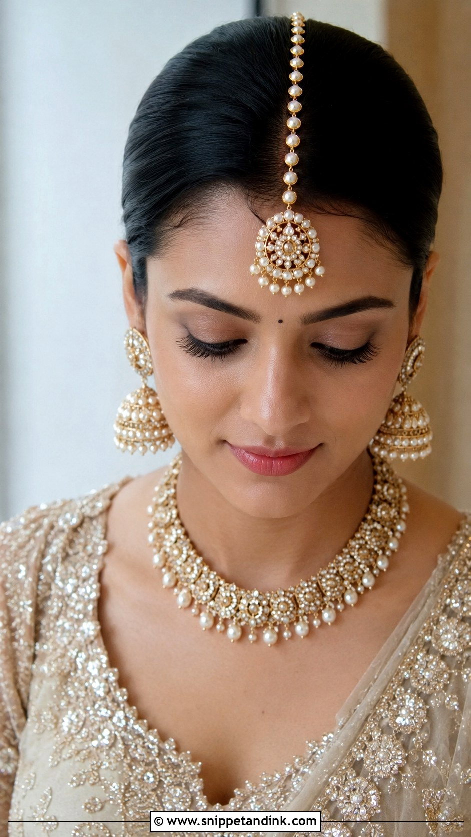 Maang Tikka Bun With Pearls - Snippet and Ink - 20 South Indian Bridal Wedding Hairstyles