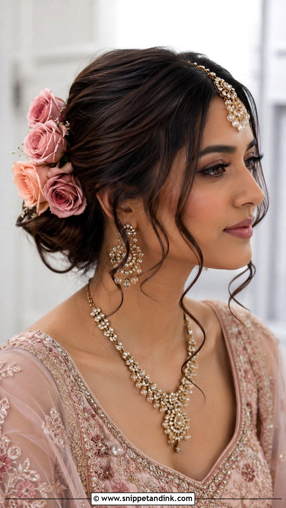 Maang Tikka Bun With Roses - Snippet and Ink - 20 Hindu Bridal Hairstyles