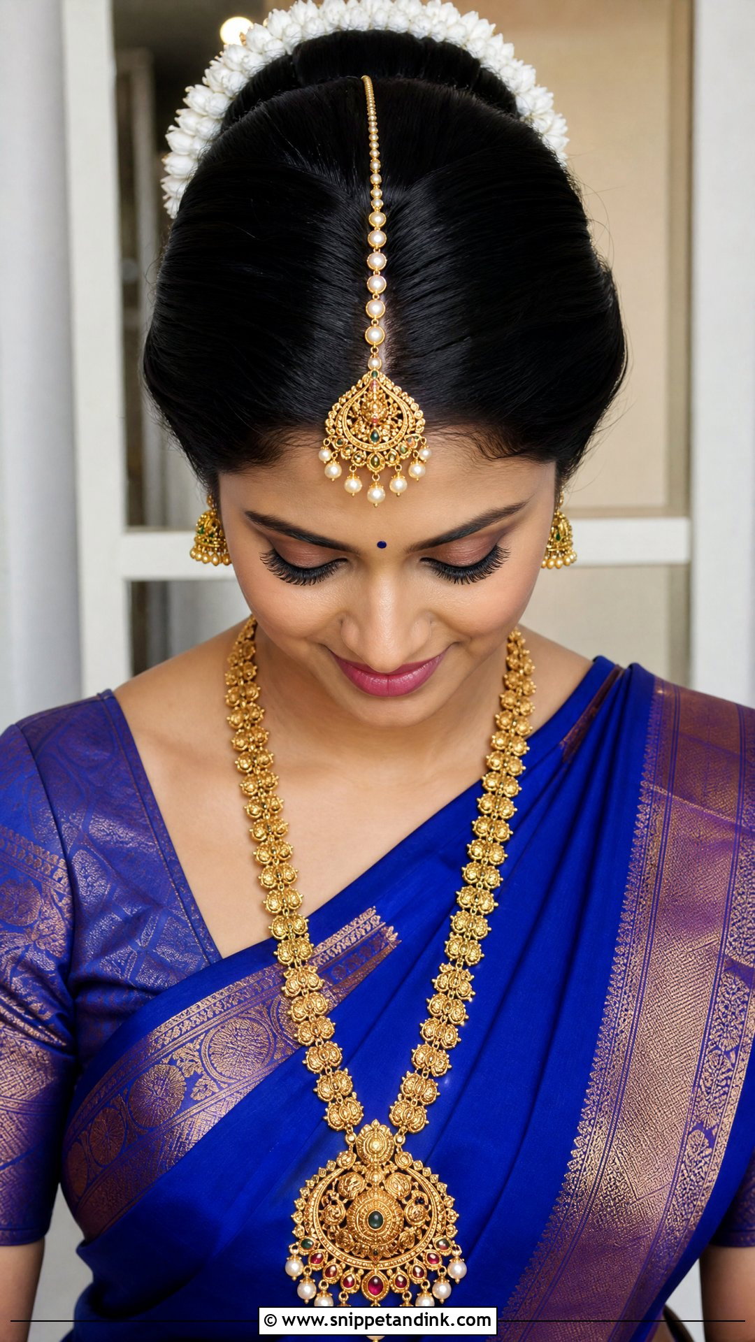 Maang Tikka Centered Bun - Snippet and Ink - 20 Hairstyles for South Indian Wedding