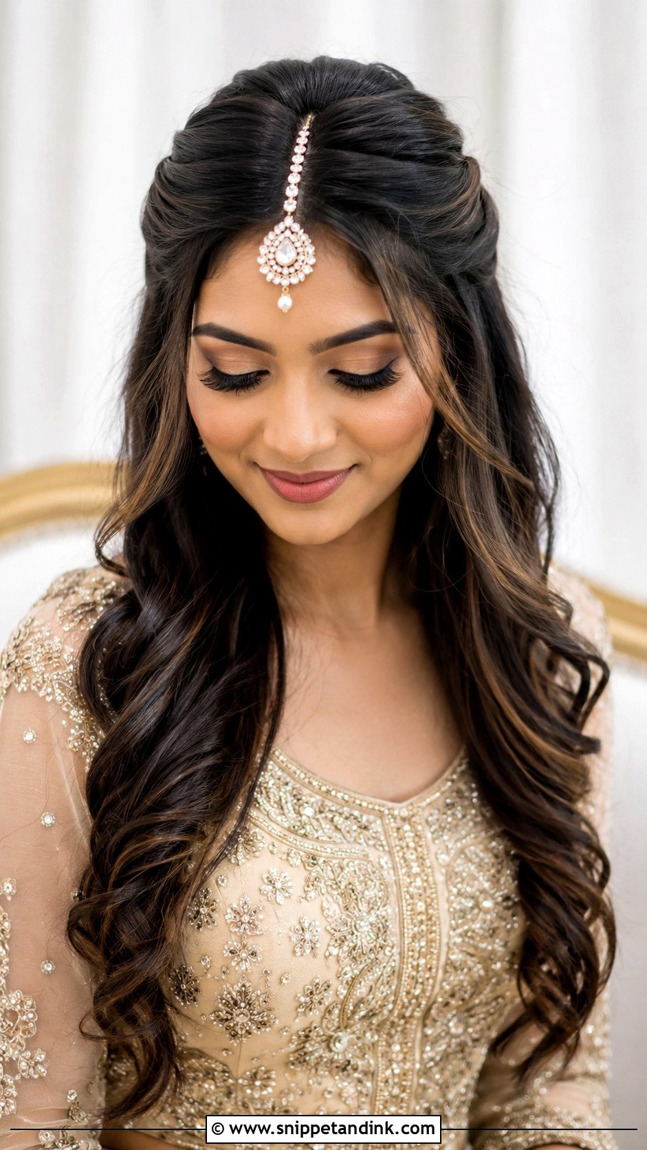 Maang Tikka Half Tied Engagement Hairstyle - Snippet and Ink - 25 Hairstyle for Engagement Bride Ideas