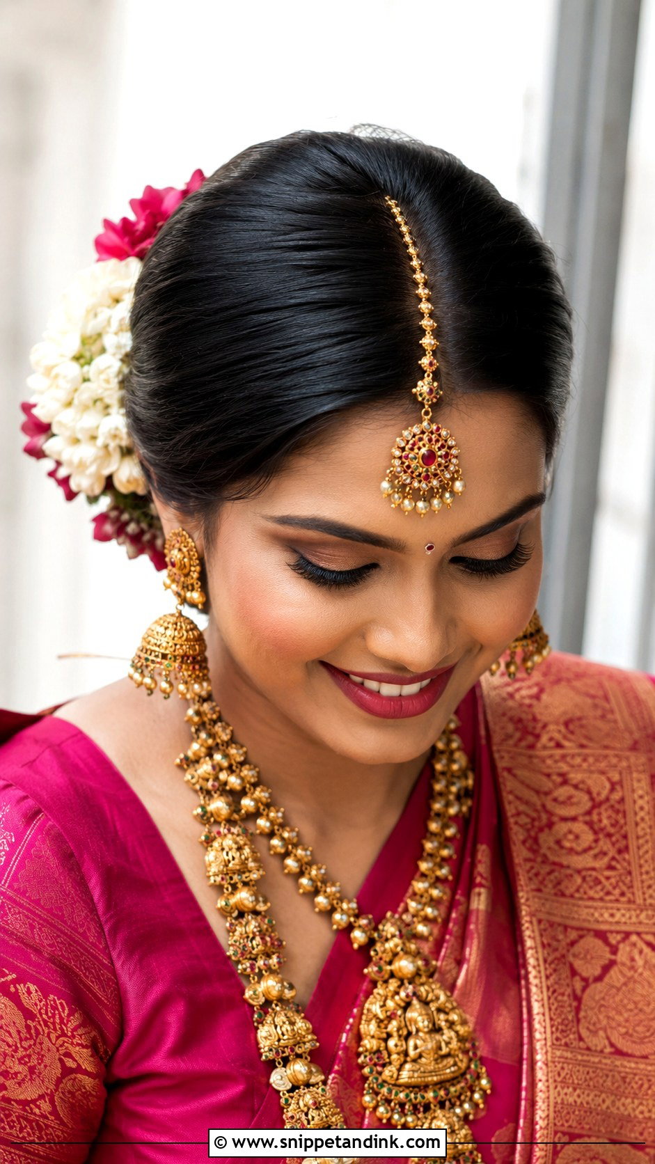 Maang Tikka With Floral Bun - Snippet and Ink - 20 Seemantham Hairstyle Ideas