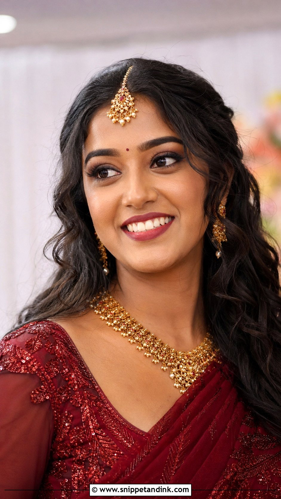 Maang Tikka With Open Curls - Snippet and Ink - 30 South Indian Bridal Hairstyles
