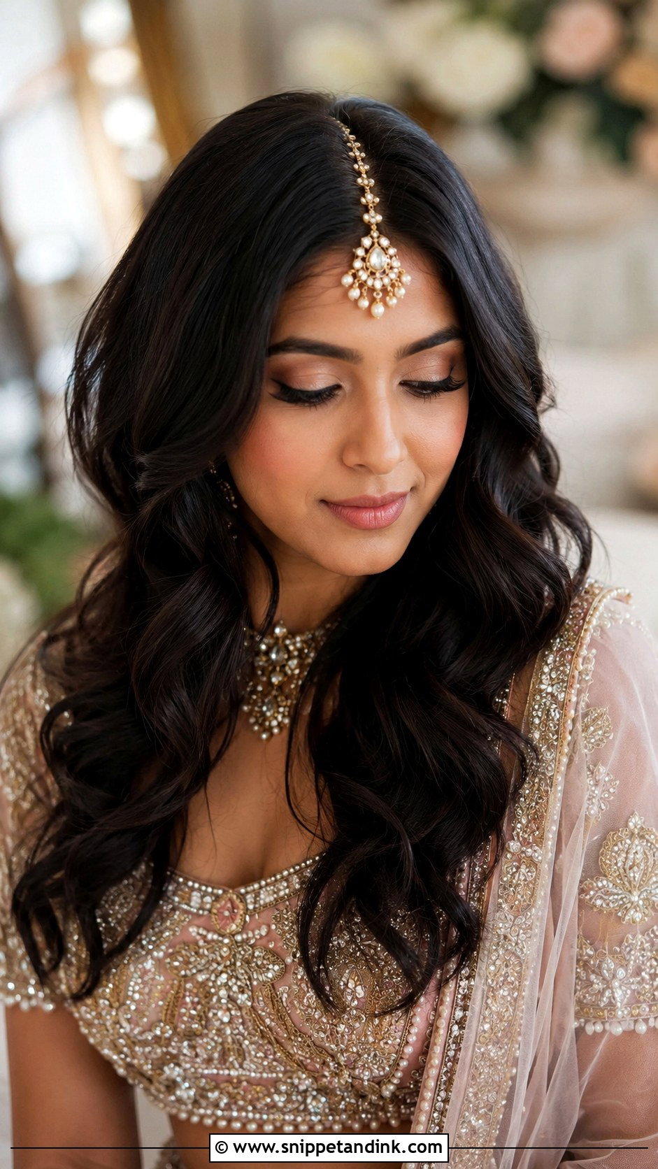 Maang Tikka With Open Waves - Snippet and Ink - 30 Engagement Hairstyles Front Look